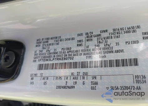 2024 Ford F-150 Xlt из США, поврежденный, VIN 1FTEW3LP7RKE80702